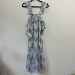 Marissa Webb Women's Kendra Lace Ruffed Floral Blue White Midi Dress XS